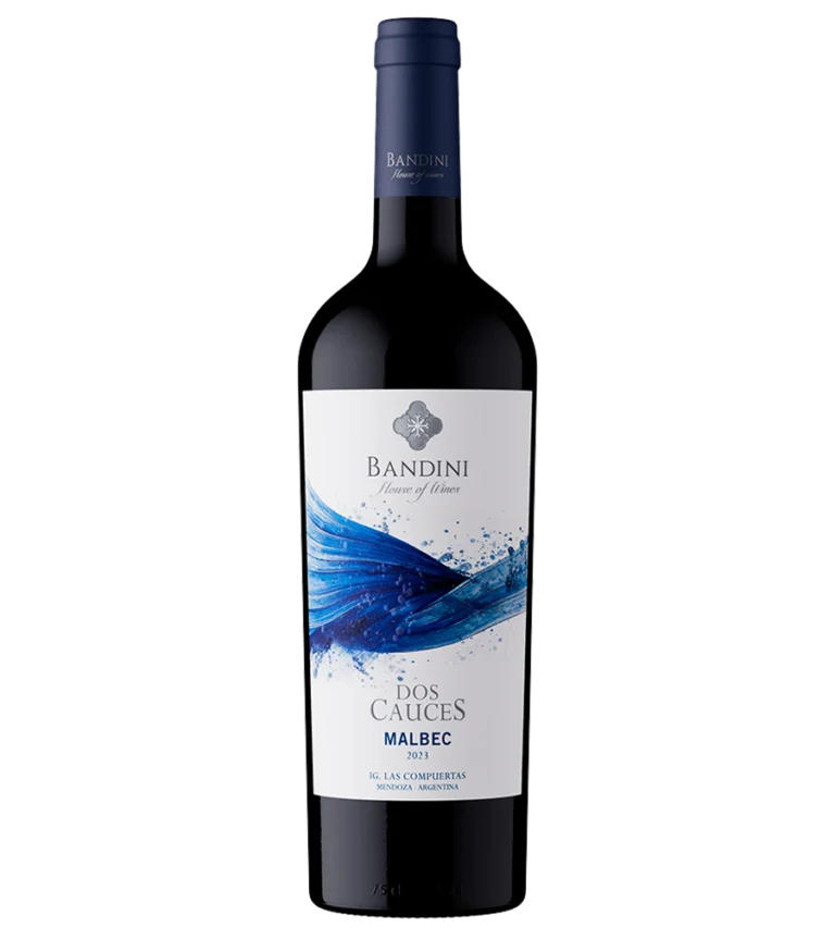 Red wine bottle with blue design