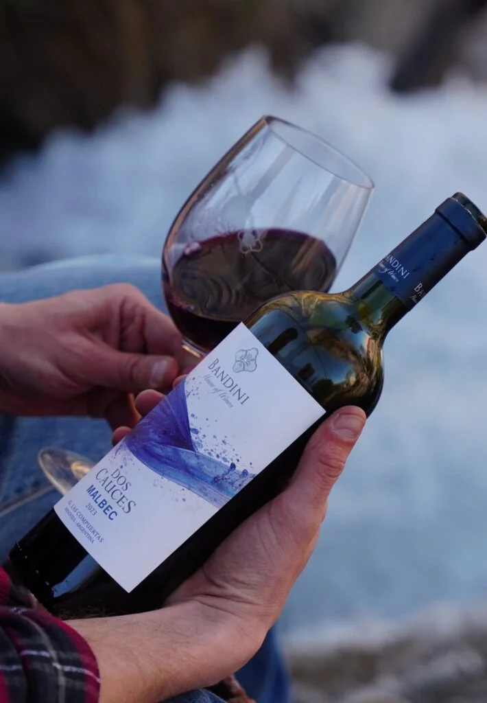 Red wine bottle and glass outdoors